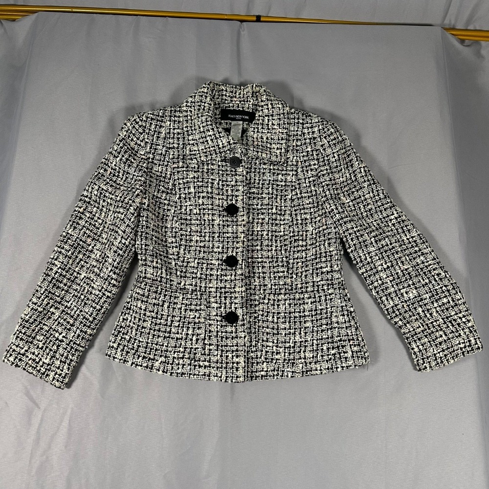 Jones New York Petite Black White Tweed Blazer Jacket Button Front Size 4P